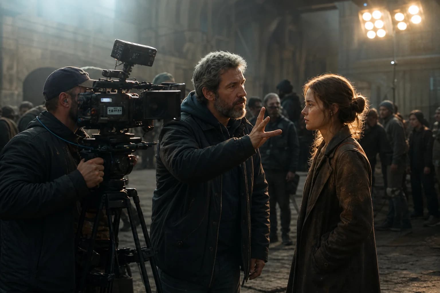 Film set with a director, camera crew and actress