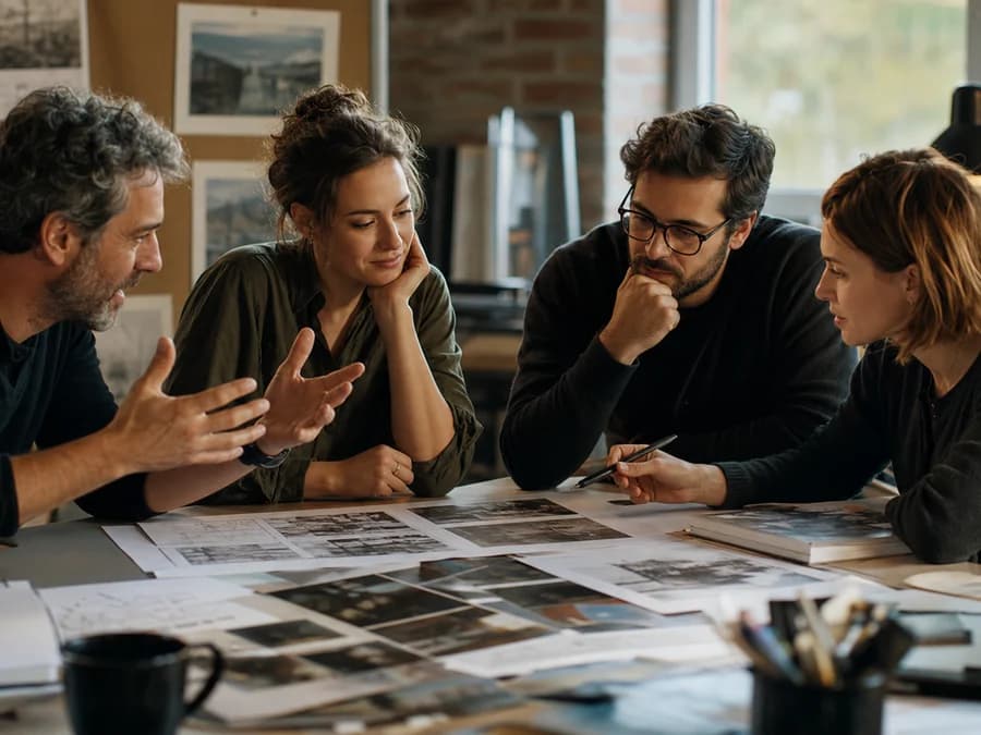 Creative team discussing a film at a table